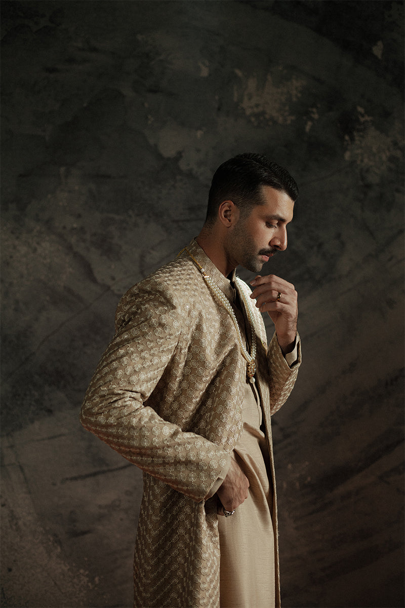 Bronze Sequined Resham Embroidered Jamawar Sherwani (3-Piece) - Image 10