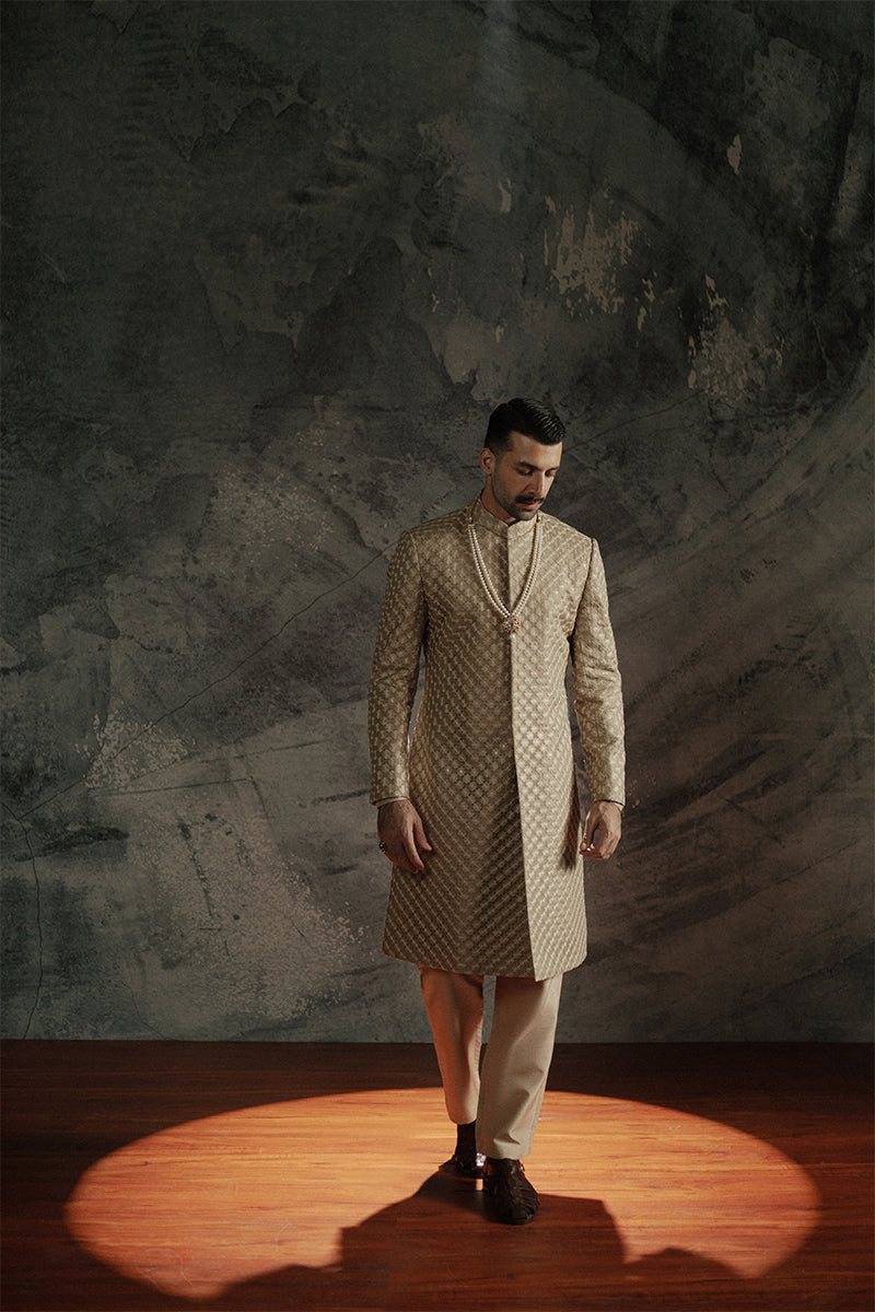 Bronze Sequined Resham Embroidered Jamawar Sherwani (3-Piece) - Image 11