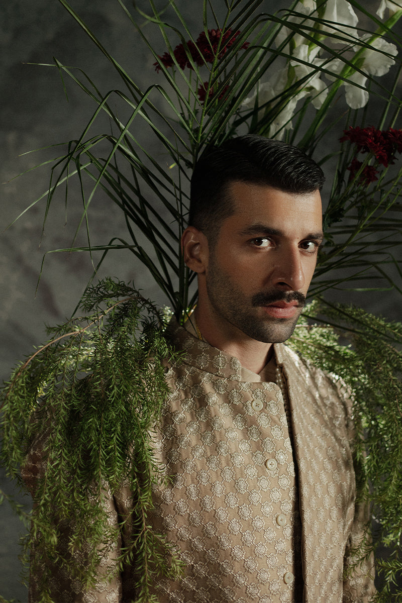 Bronze Sequined Resham Embroidered Jamawar Sherwani (3-Piece) - Image 4