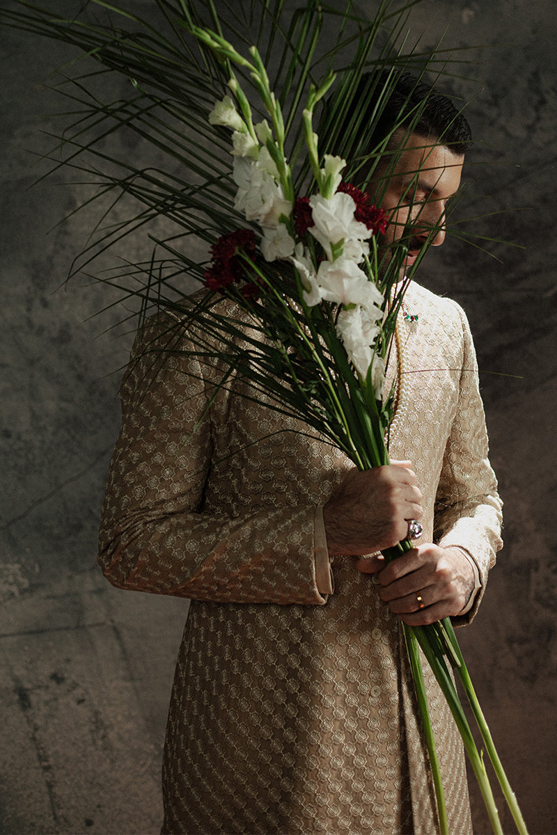 Bronze Sequined Resham Embroidered Jamawar Sherwani (3-Piece) - Image 5