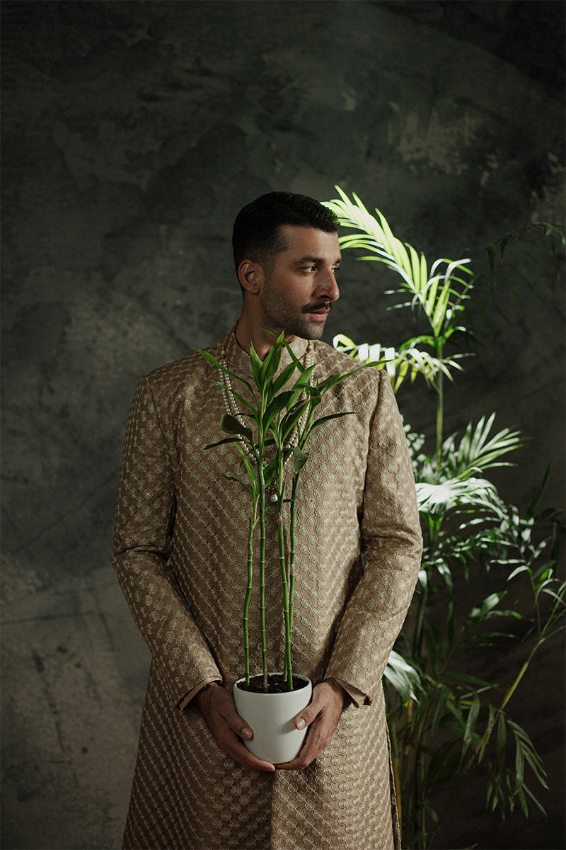 Bronze Sequined Resham Embroidered Jamawar Sherwani (3-Piece) - Image 7