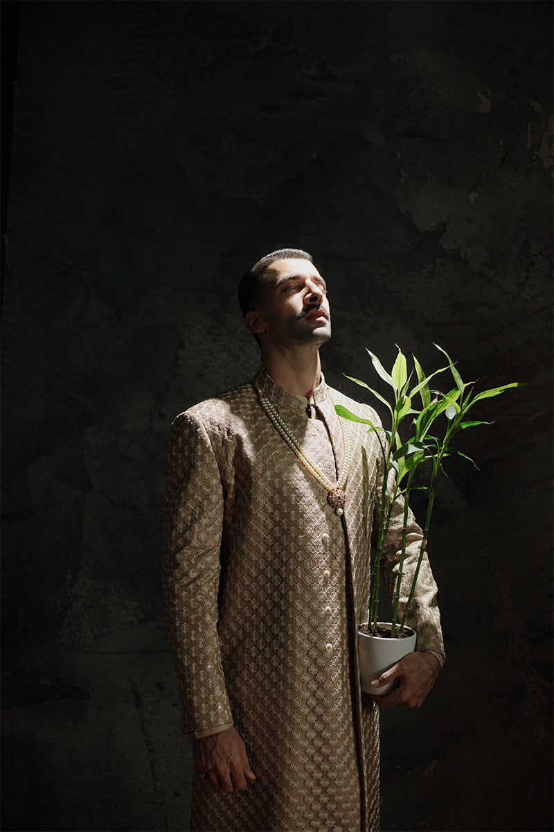 Bronze Sequined Resham Embroidered Jamawar Sherwani (3-Piece) - Image 8