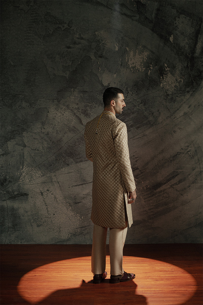 Bronze Sequined Resham Embroidered Jamawar Sherwani (3-Piece) - Image 9