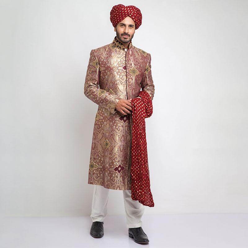 Light Gold Maroon Velvet-Embroidered Brocade Sherwani (4-Piece) - Image 1