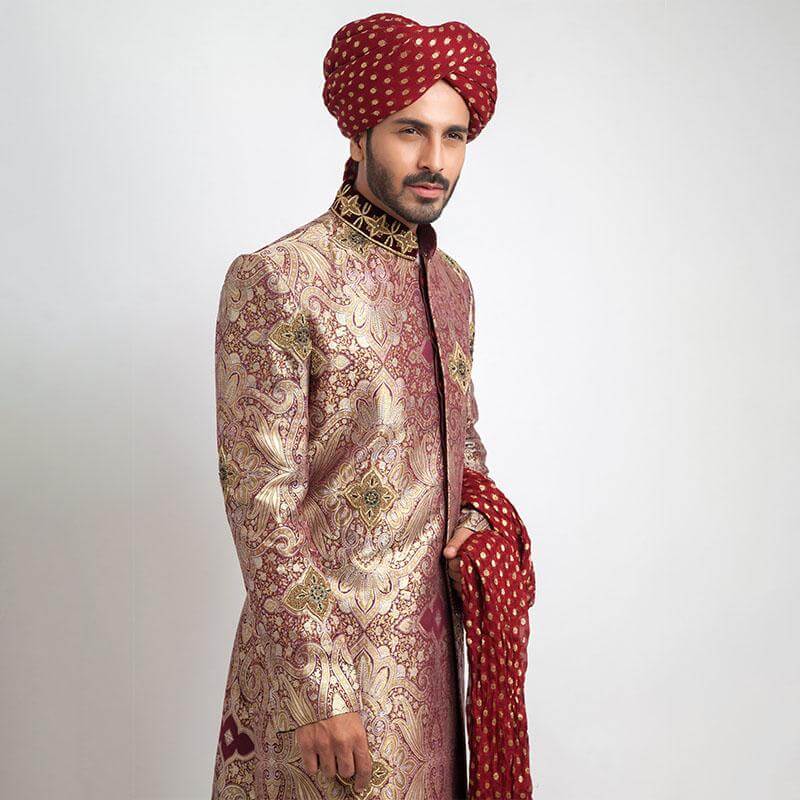 Light Gold Maroon Velvet-Embroidered Brocade Sherwani (4-Piece) - Image 2