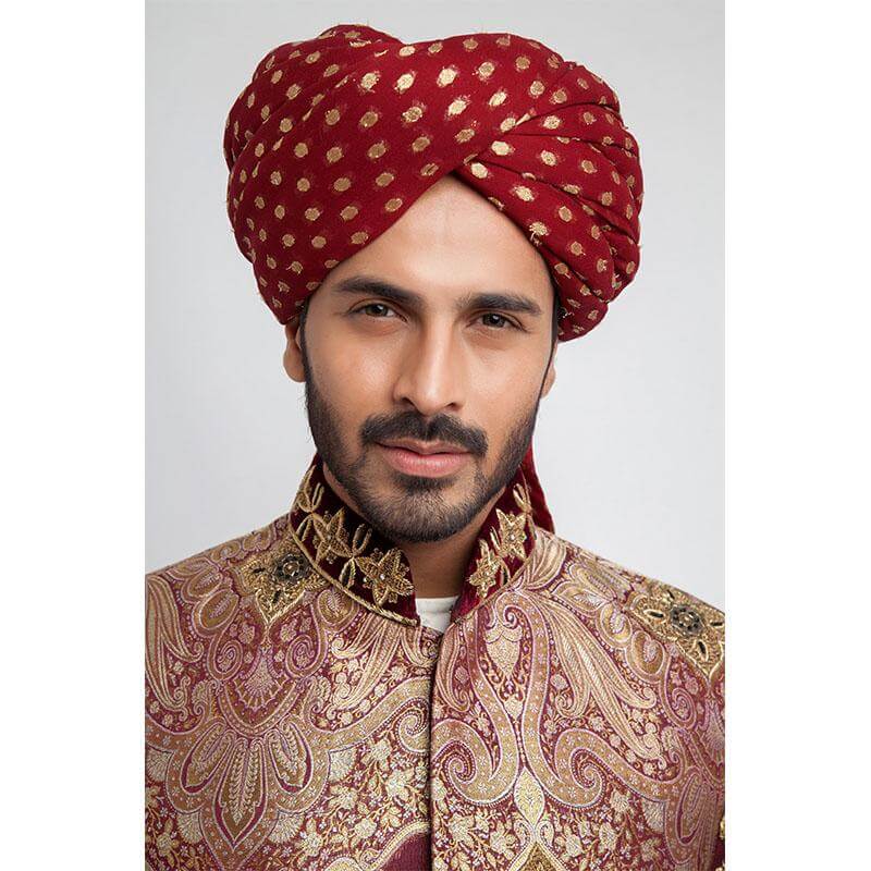 Light Gold Maroon Velvet-Embroidered Brocade Sherwani (4-Piece) - Image 3