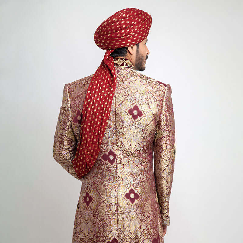 Light Gold Maroon Velvet-Embroidered Brocade Sherwani (4-Piece) - Image 4