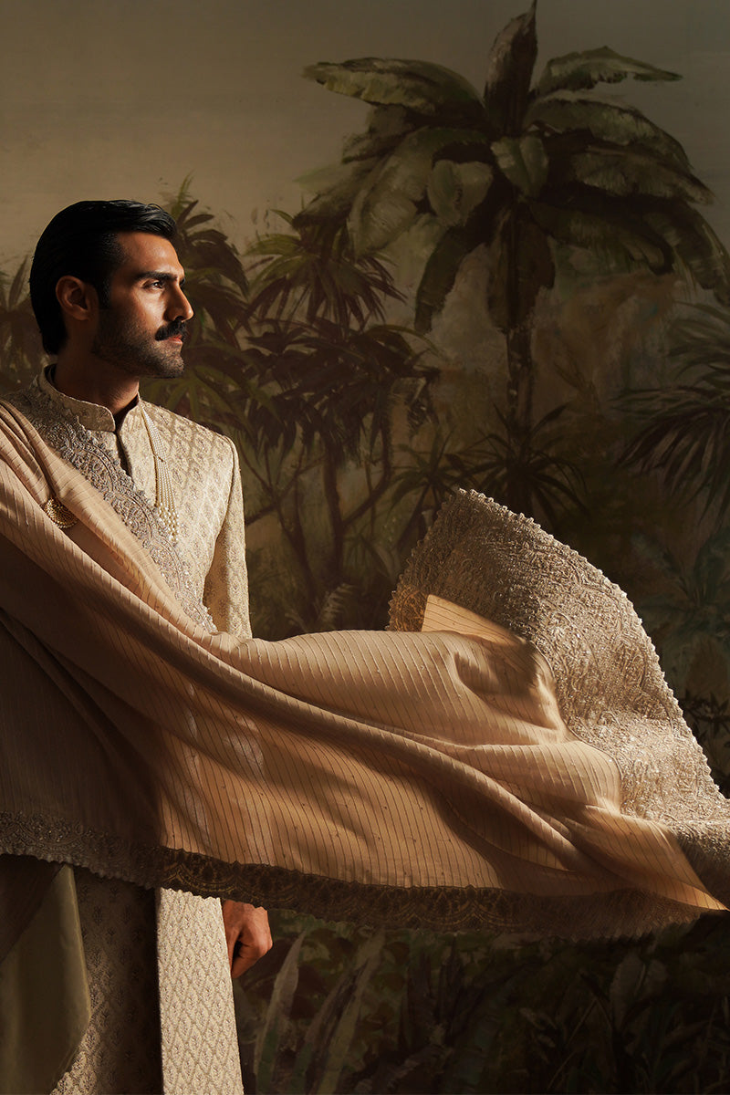 Champagne Gold Embroidered Jamawar Groom Sherwani (3-Piece) - Image 3