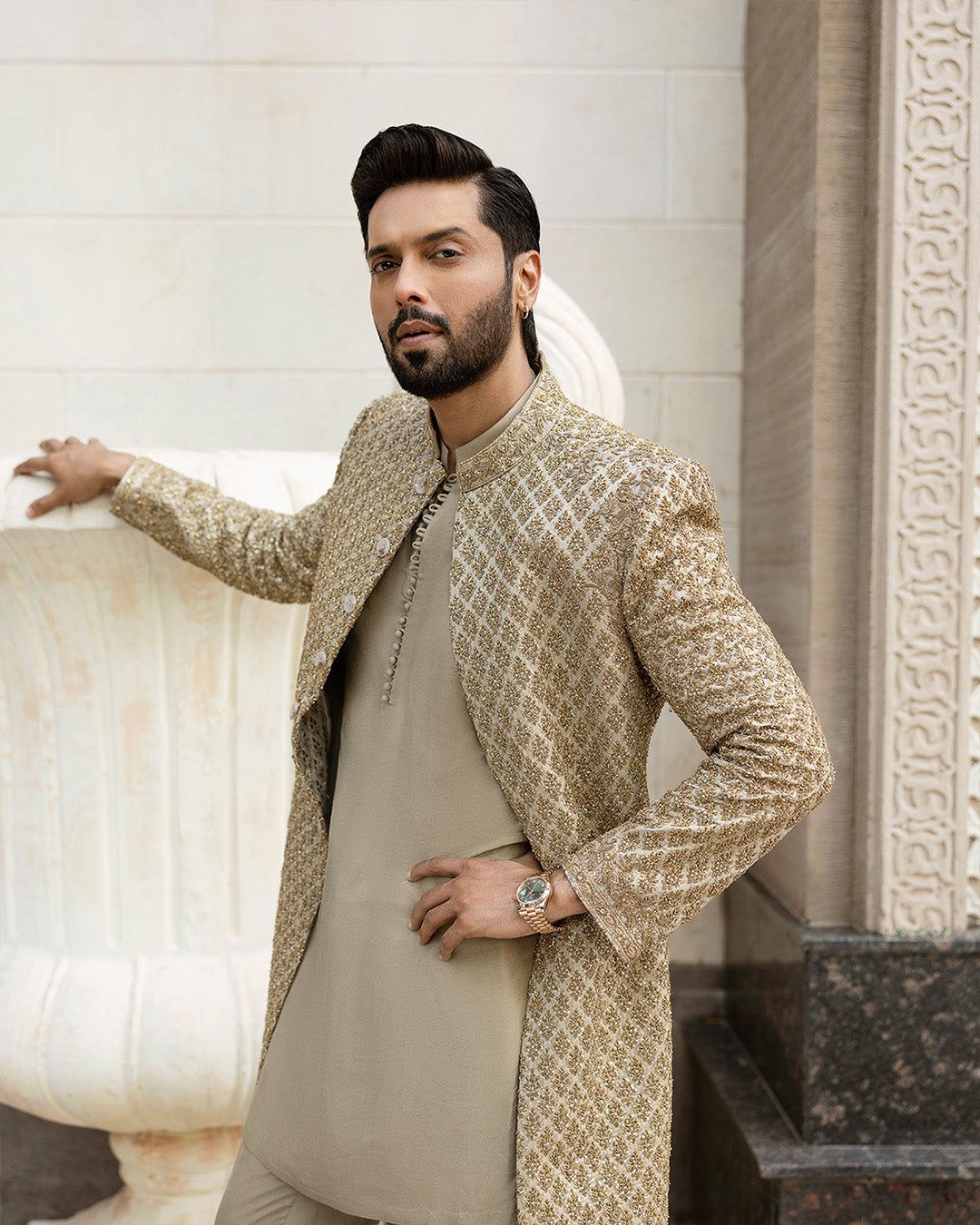 Gold Embellished Korean Raw Silk Sherwani (3-Piece) - Image 5