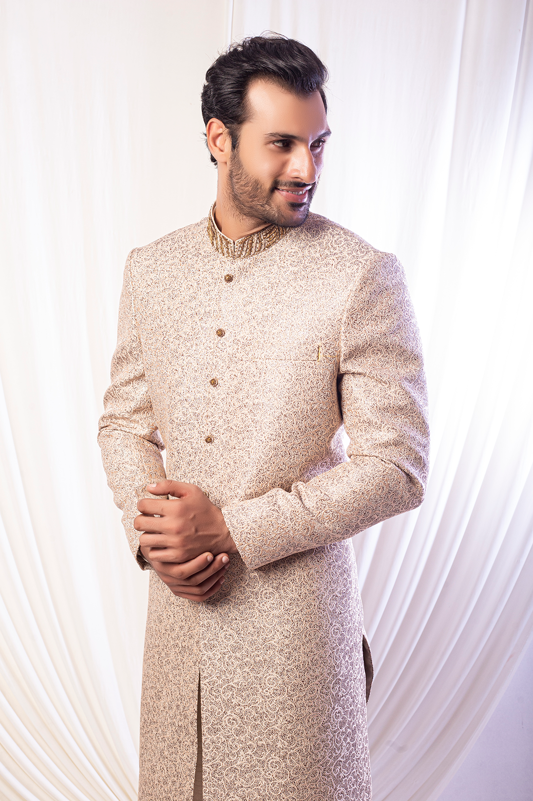 Silverish Gold Embroidered Brocade Sherwani (2-Piece) - Image 1