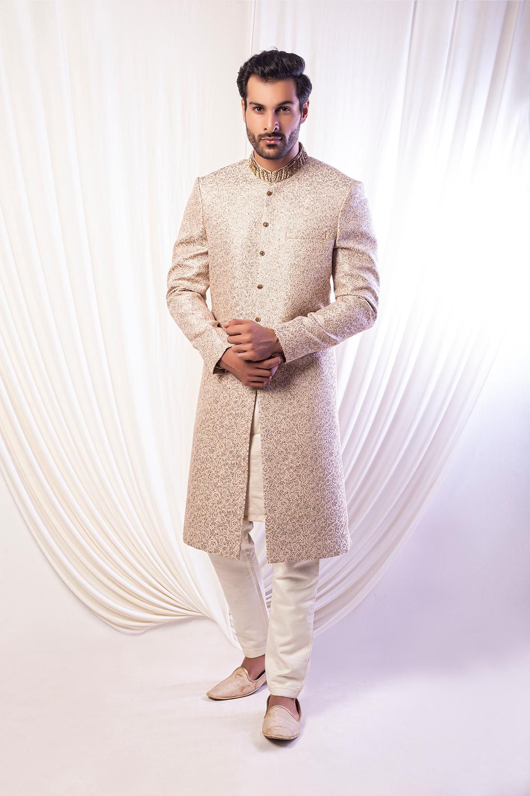 Silverish Gold Embroidered Brocade Sherwani (2-Piece) - Image 3