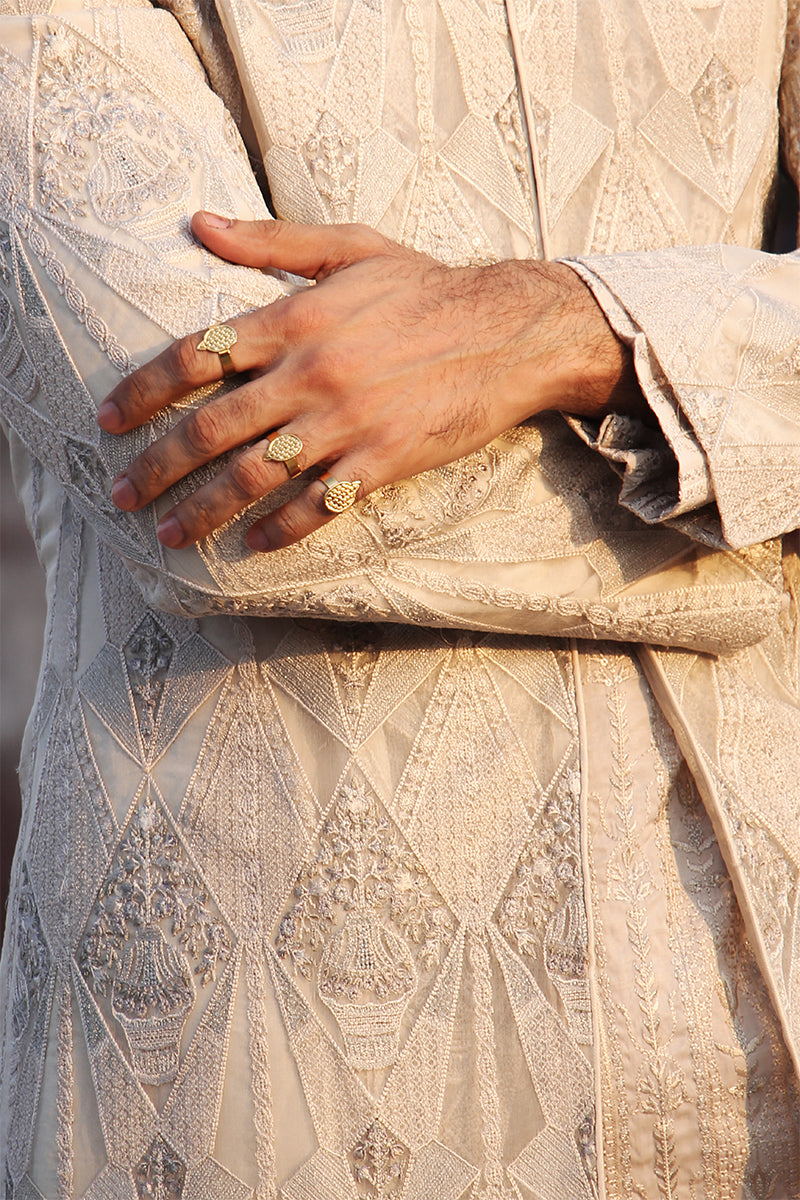 Silver Gold Embroidered Organza Sherwani (3-Piece) - Image 5
