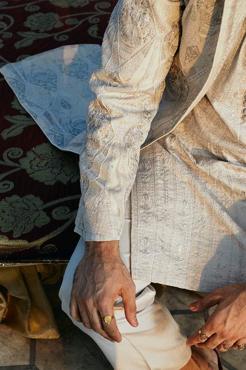 Silver Gold Embroidered Organza Sherwani (3-Piece) - Image 6