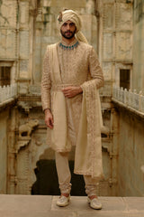 Gold Banarasi Raw Silk Sherwani (3-Piece) - Image 2