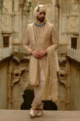 Gold Banarasi Raw Silk Sherwani (3-Piece) - Image 3