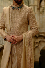 Gold Banarasi Raw Silk Sherwani (3-Piece) - Image 4