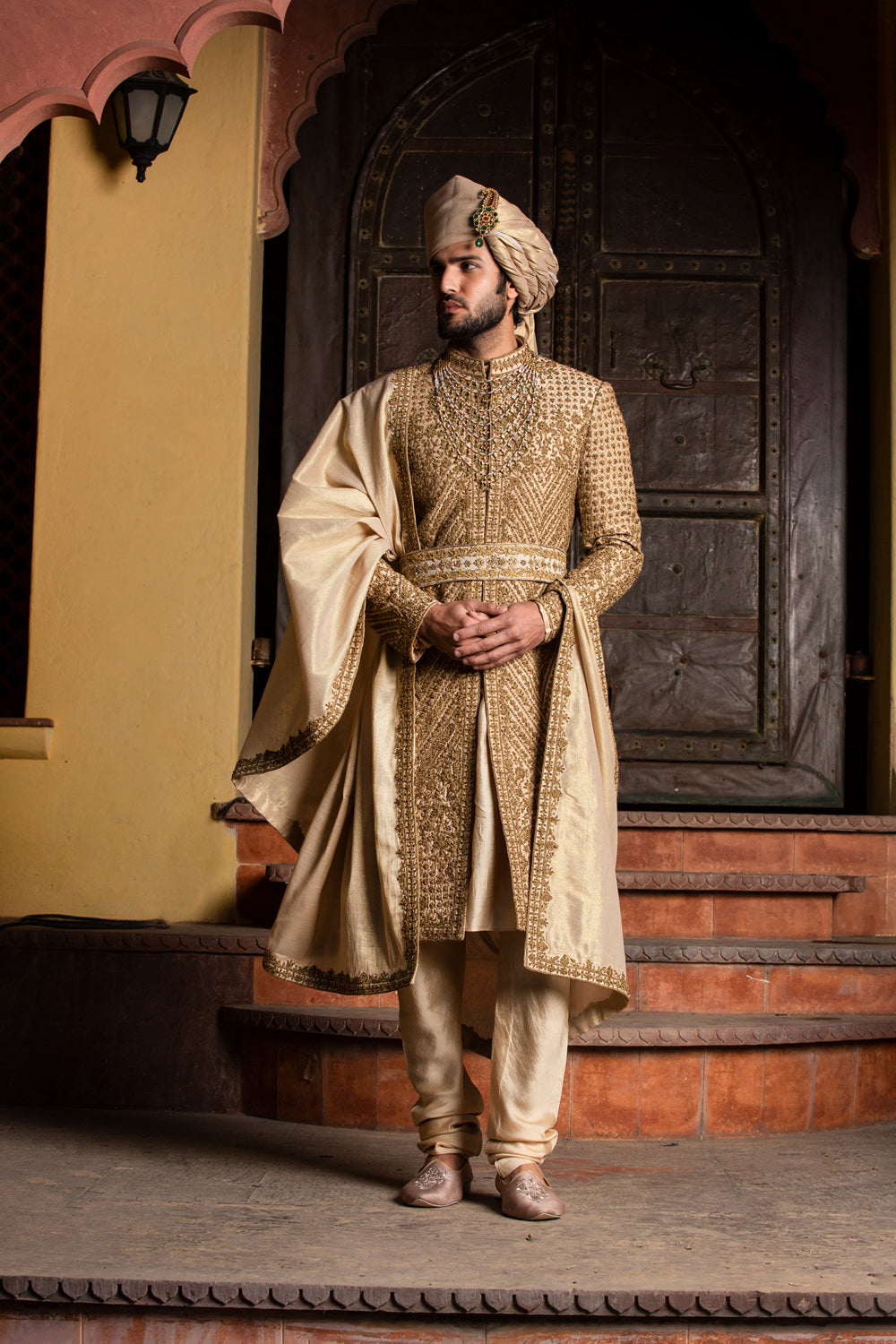Gold Antique Embroidered Raw Silk Sherwani (4-Piece) - Image 2