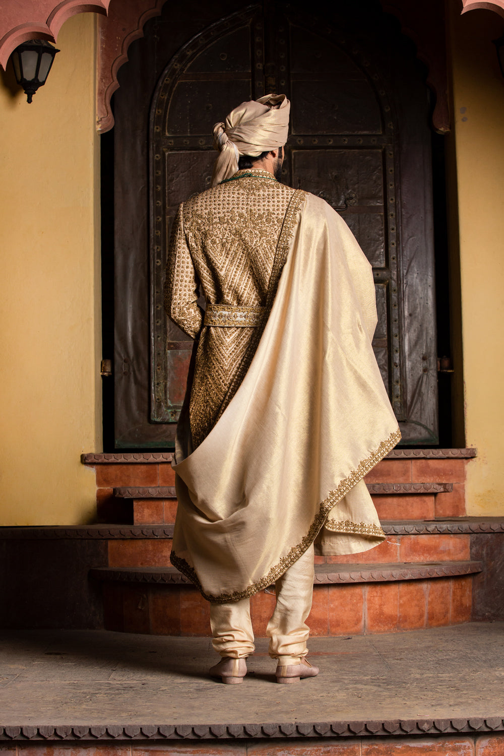 Gold Antique Embroidered Raw Silk Sherwani (4-Piece) - Image 5
