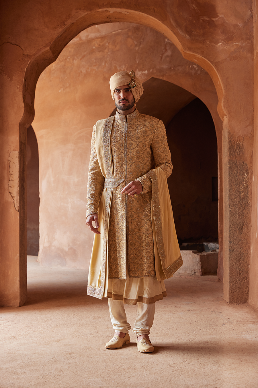 Gold Embroidered Raw Silk Sherwani Kurta Churidar (3-Piece) - Image 2