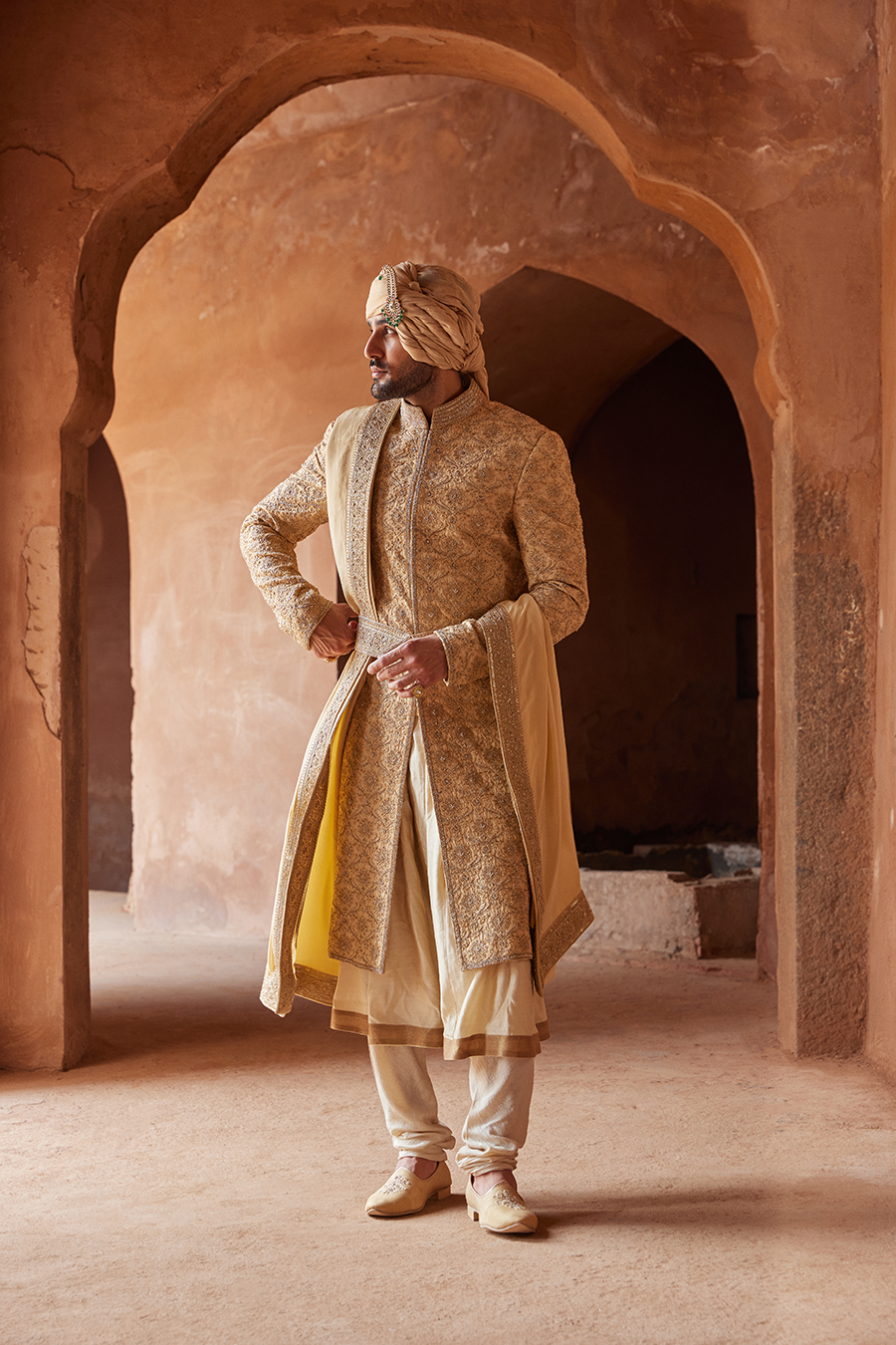 Gold Embroidered Raw Silk Sherwani Kurta Churidar (3-Piece) - Image 3