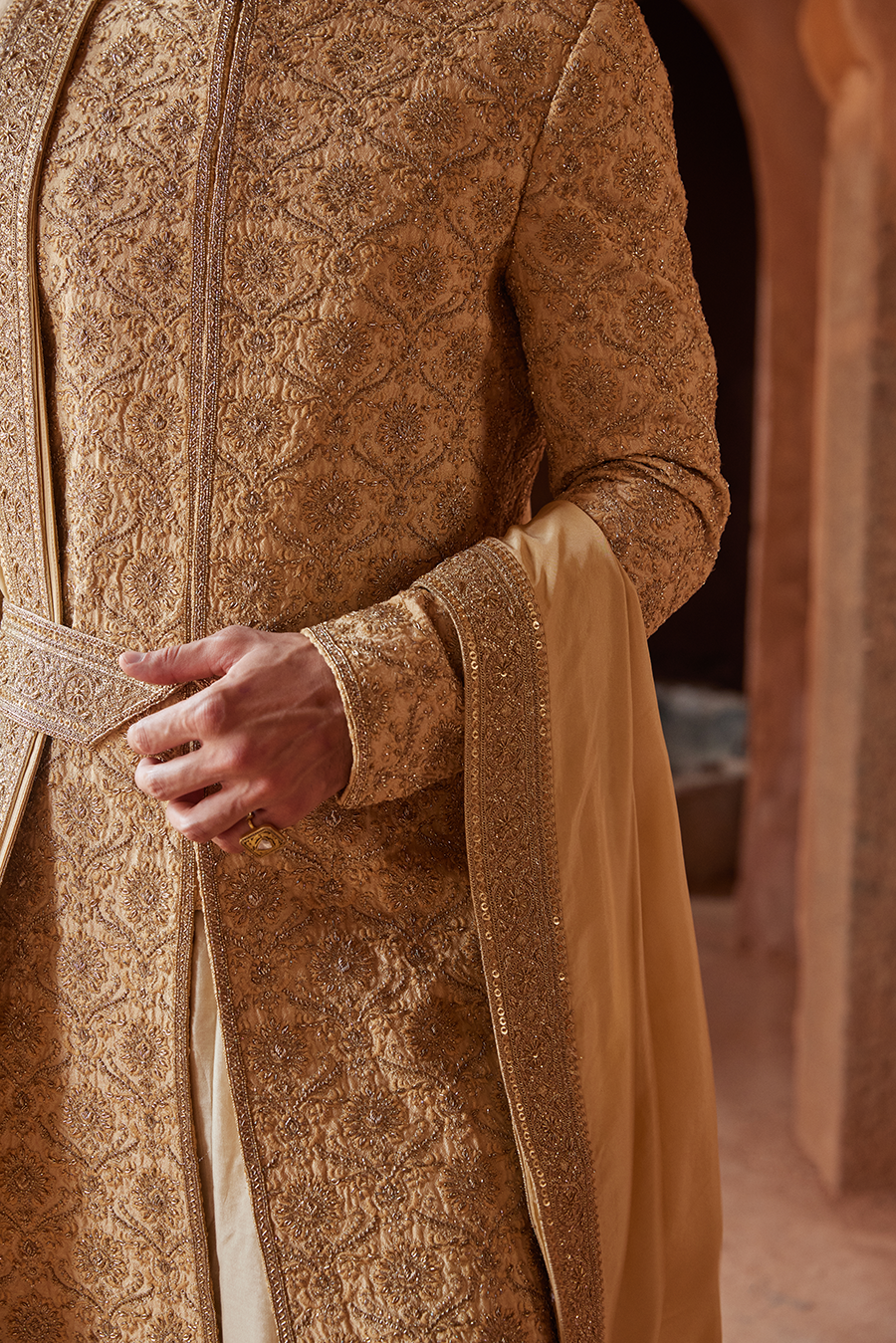 Gold Embroidered Raw Silk Sherwani Kurta Churidar (3-Piece) - Image 4