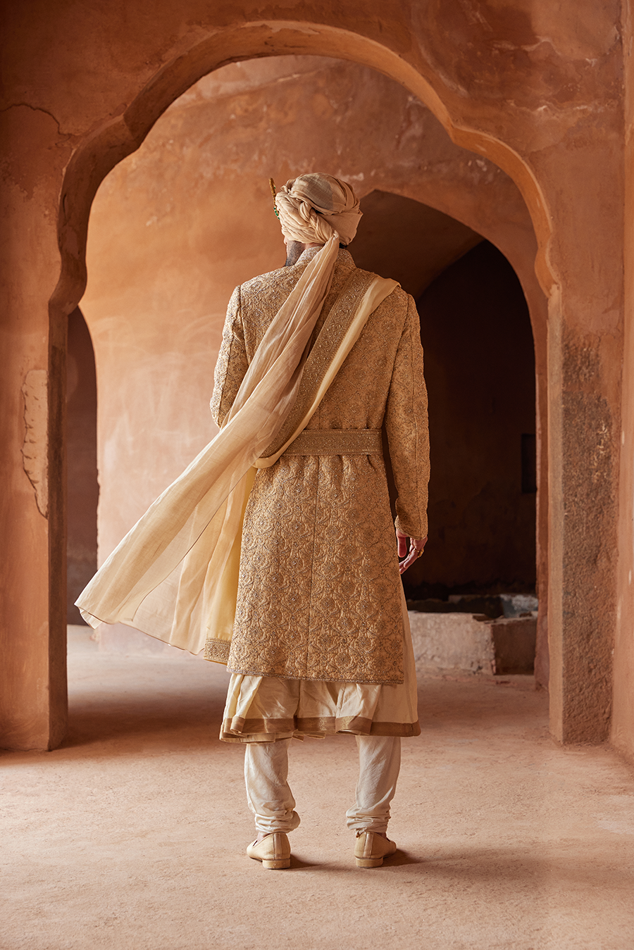 Gold Embroidered Raw Silk Sherwani Kurta Churidar (3-Piece) - Image 5