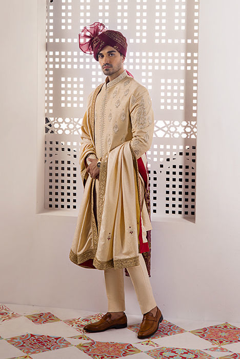 Gold Hand Embroidered Raw Silk Sherwani (3-Piece) - Image 1
