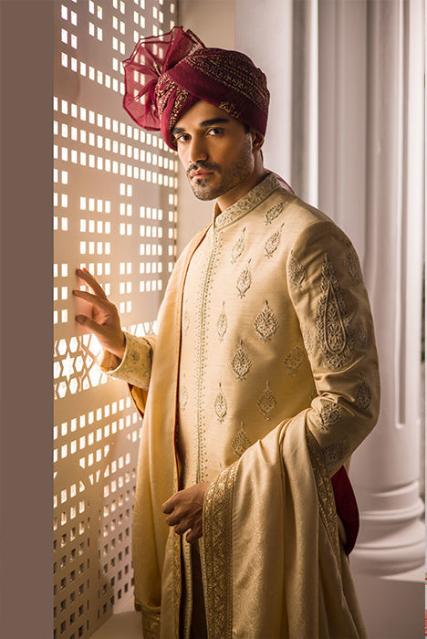 Gold Hand Embroidered Raw Silk Sherwani (3-Piece) - Image 2