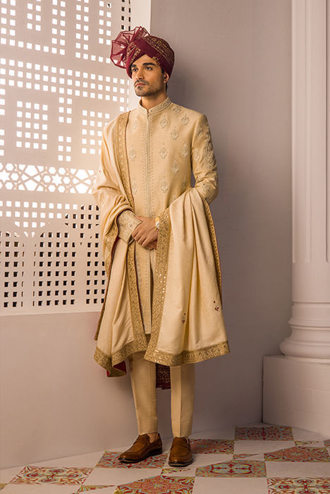Gold Hand Embroidered Raw Silk Sherwani (3-Piece) - Image 3