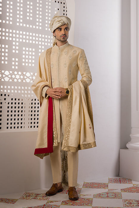Gold Hand Embroidered Raw Silk Sherwani (3-Piece) - Image 4