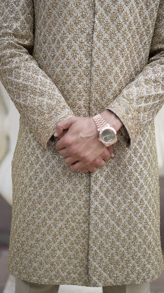 Gold Embellished Korean Raw Silk Sherwani (3-Piece) - Image 6