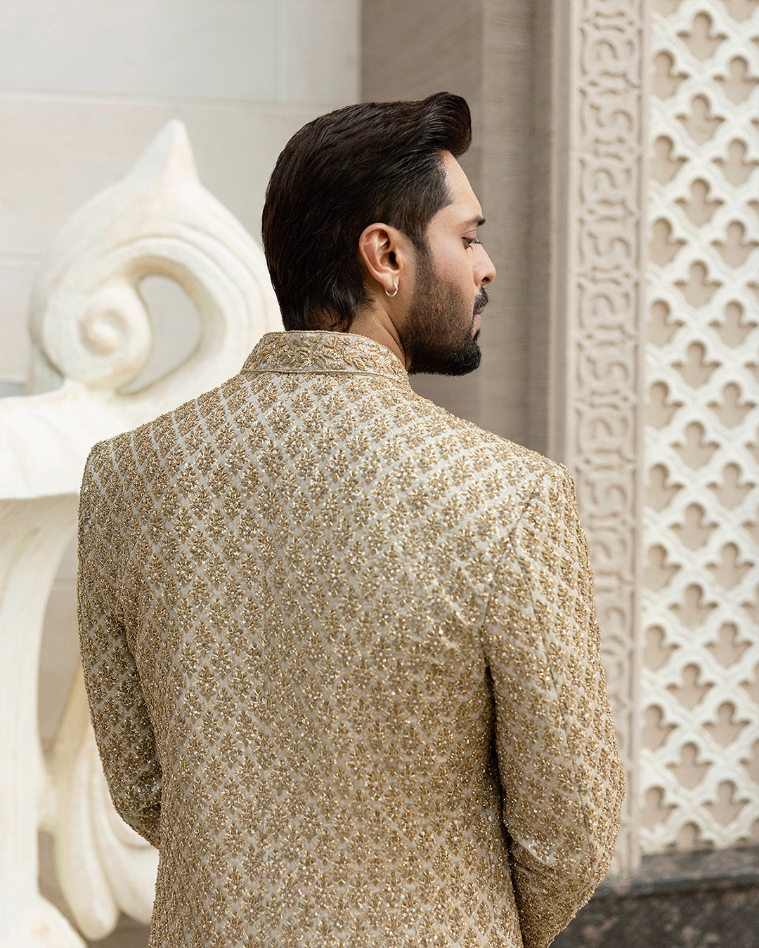 Gold Embellished Korean Raw Silk Sherwani (3-Piece) - Image 7
