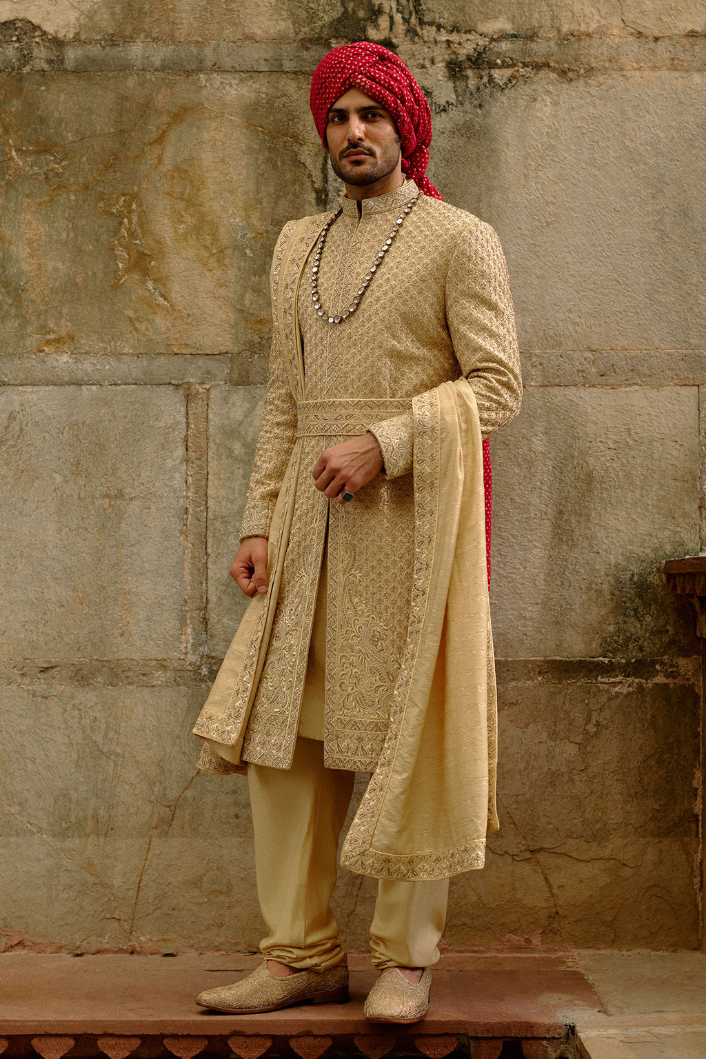 Gold Zardozi Raw Silk Sherwani (3-Piece) - Image 1