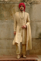 Gold Zardozi Raw Silk Sherwani (3-Piece) - Image 3