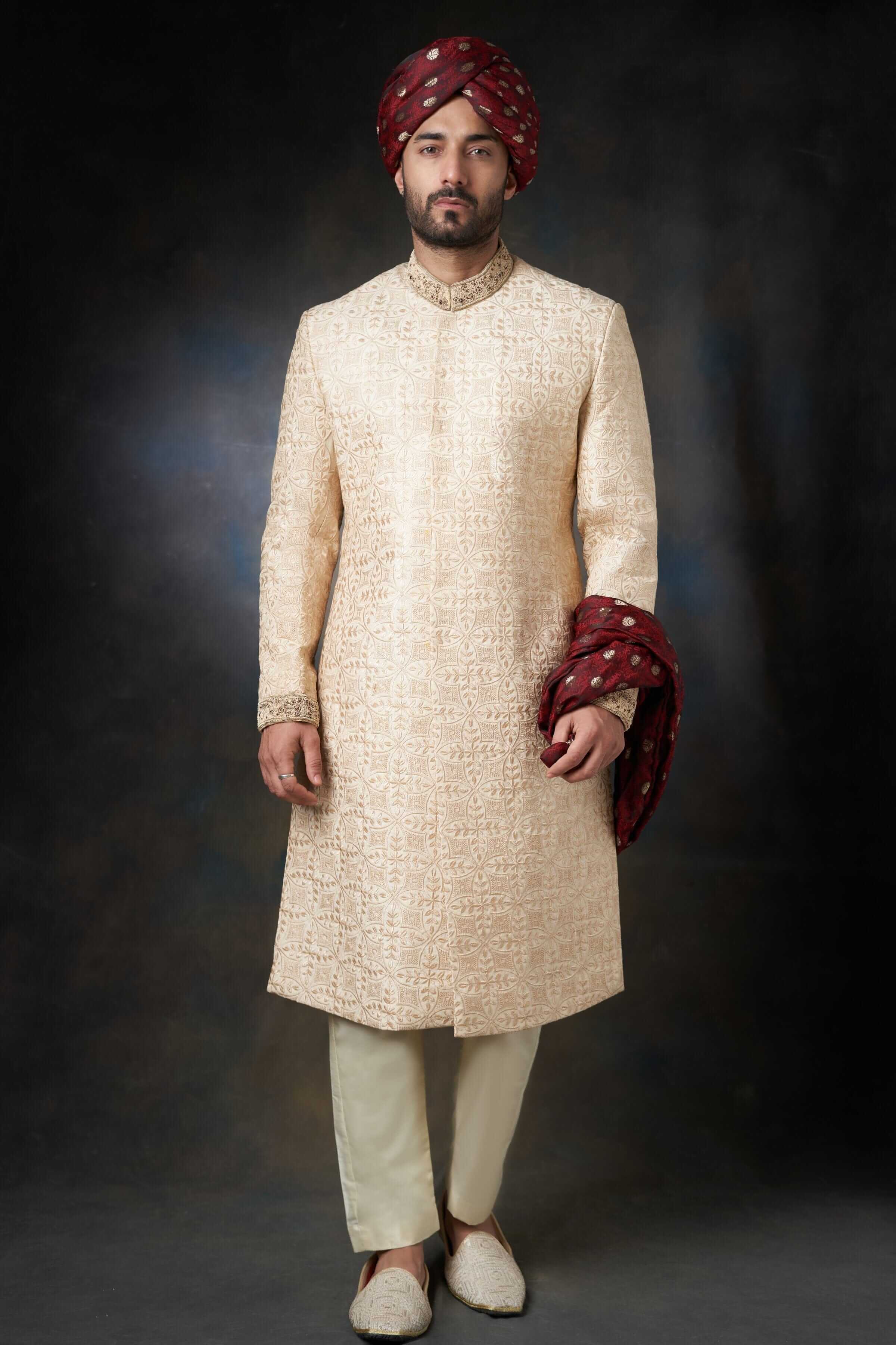 Gold Almond Zardozi Pure Raw Silk Sherwani (3-Piece) - Image 1