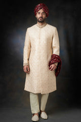 Gold Almond Zardozi Pure Raw Silk Sherwani (3-Piece) - Image 2