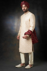 Gold Almond Zardozi Pure Raw Silk Sherwani (3-Piece) - Image 3