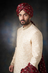 Gold Almond Zardozi Pure Raw Silk Sherwani (3-Piece) - Image 4