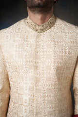 Gold Almond Zardozi Pure Raw Silk Sherwani (3-Piece) - Image 5