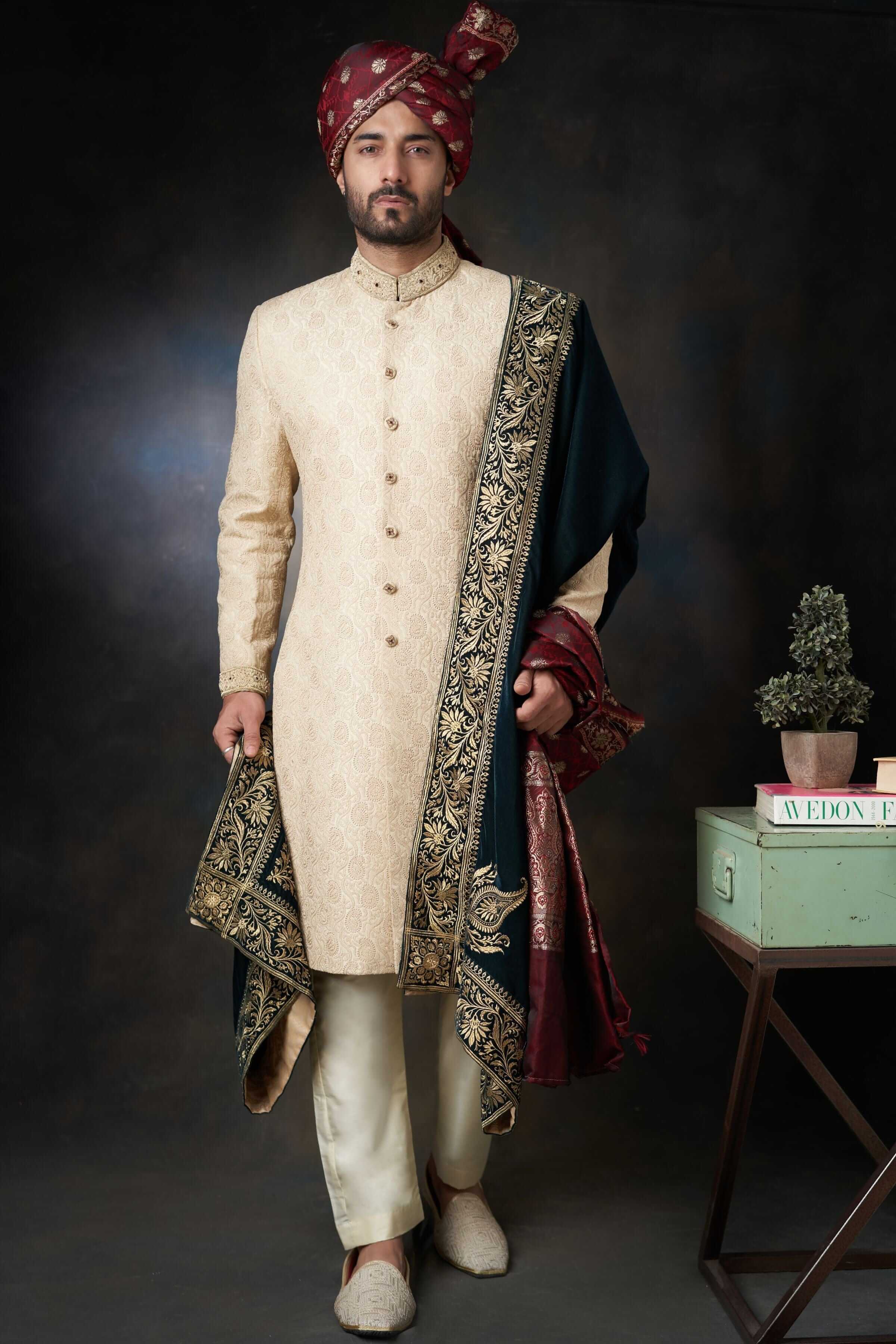 Ivory-Gold Zardozi Rawsilk Sherwani (3-Piece) - Image 1