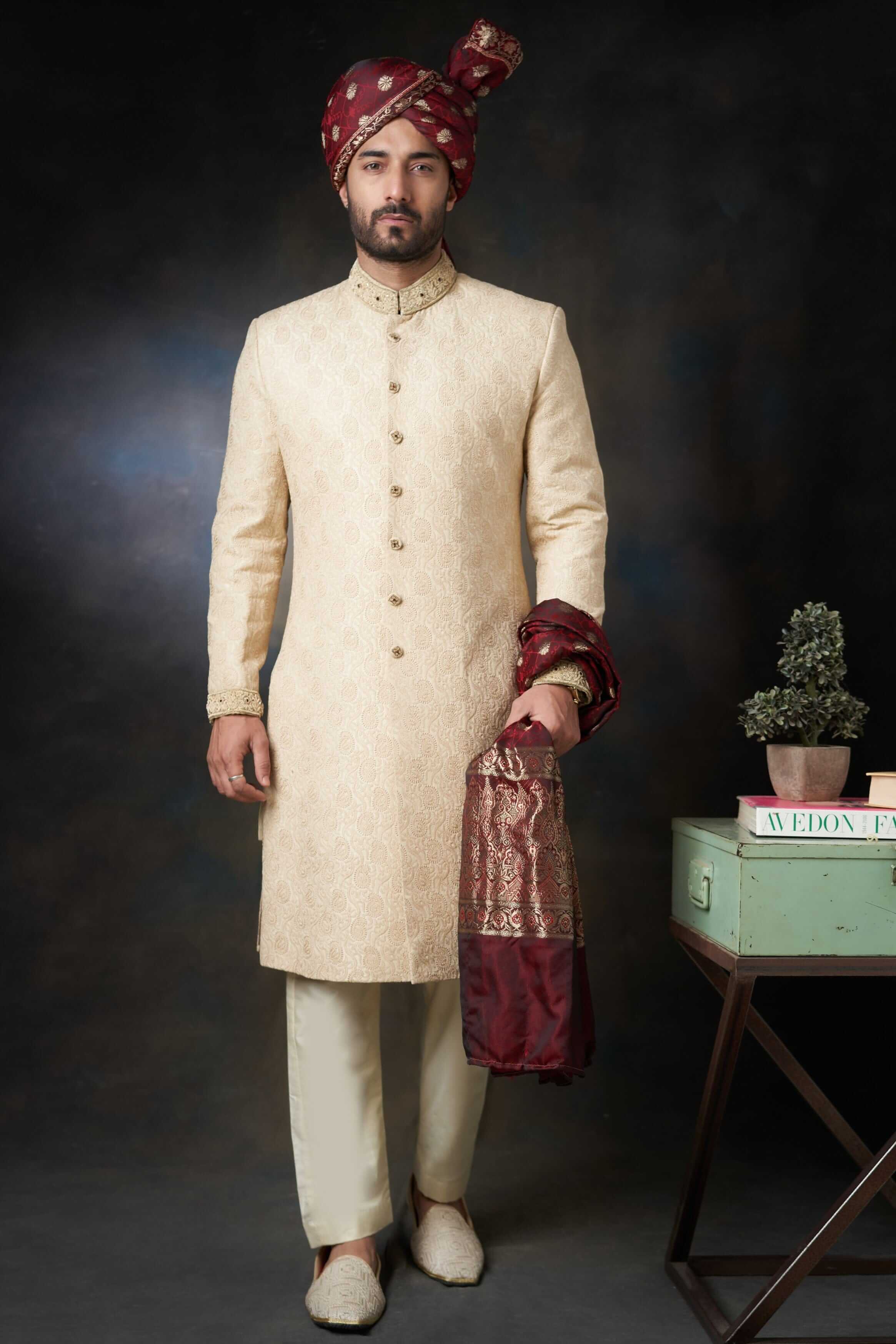 Ivory-Gold Zardozi Rawsilk Sherwani (3-Piece) - Image 2