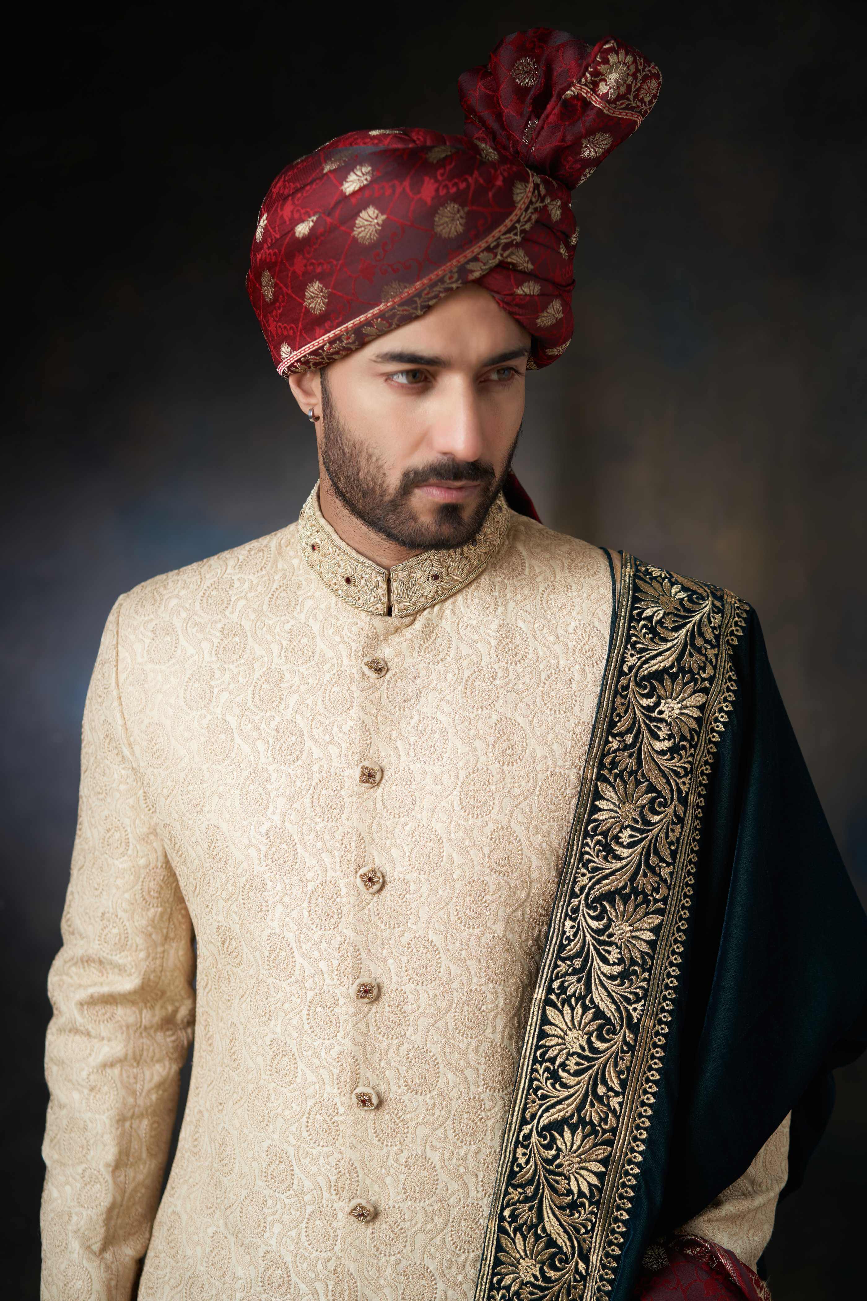 Ivory-Gold Zardozi Rawsilk Sherwani (3-Piece) - Image 4