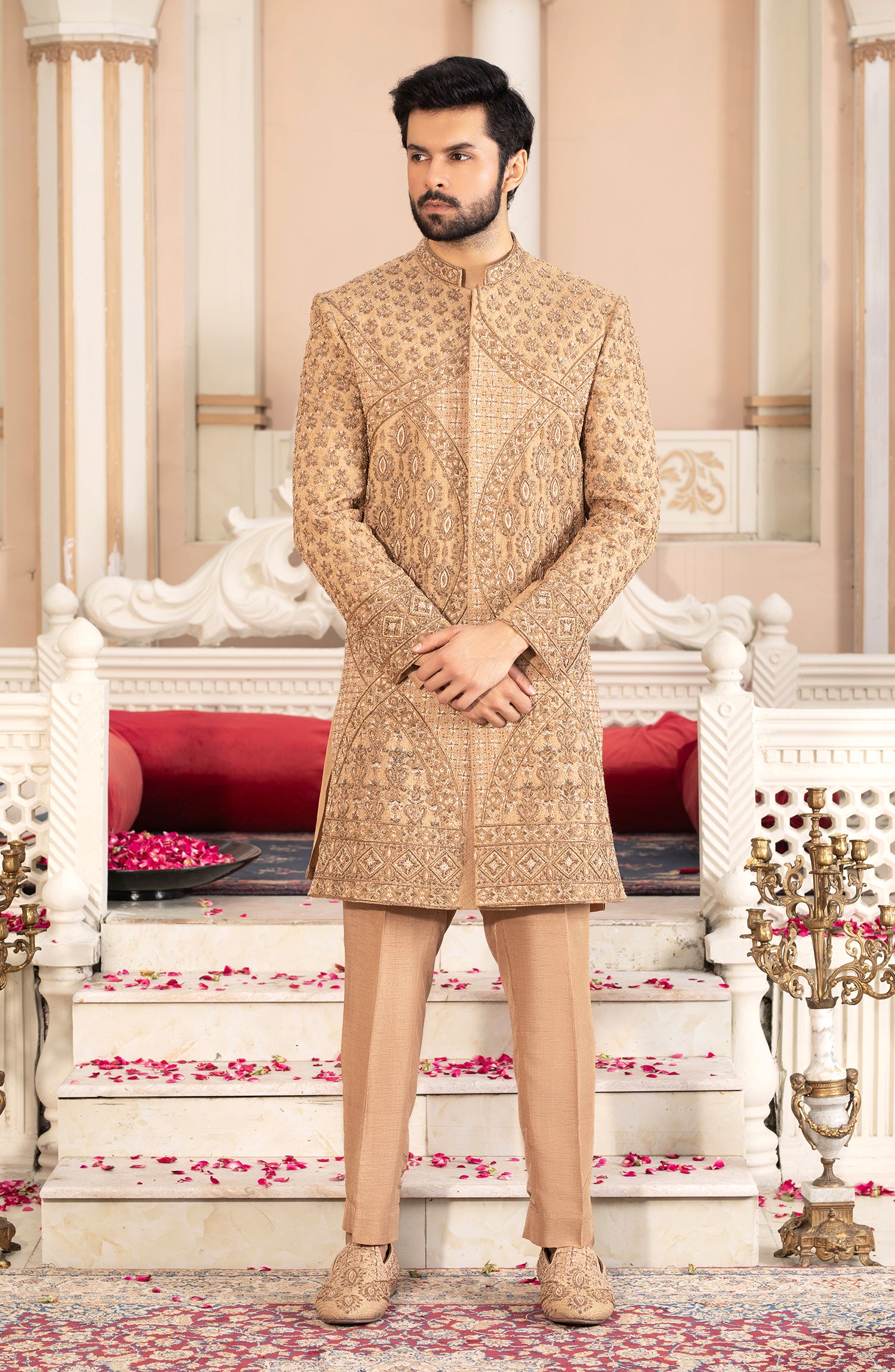 Antique Golden Embroidered Silk Sherwani (3-Piece) - Image 1