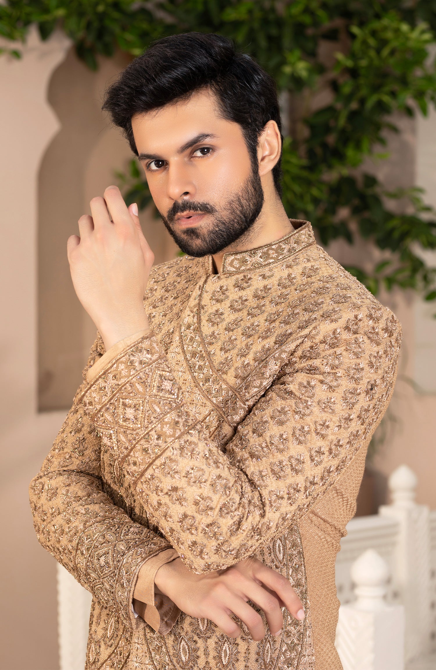 Antique Golden Embroidered Silk Sherwani (3-Piece) - Image 2