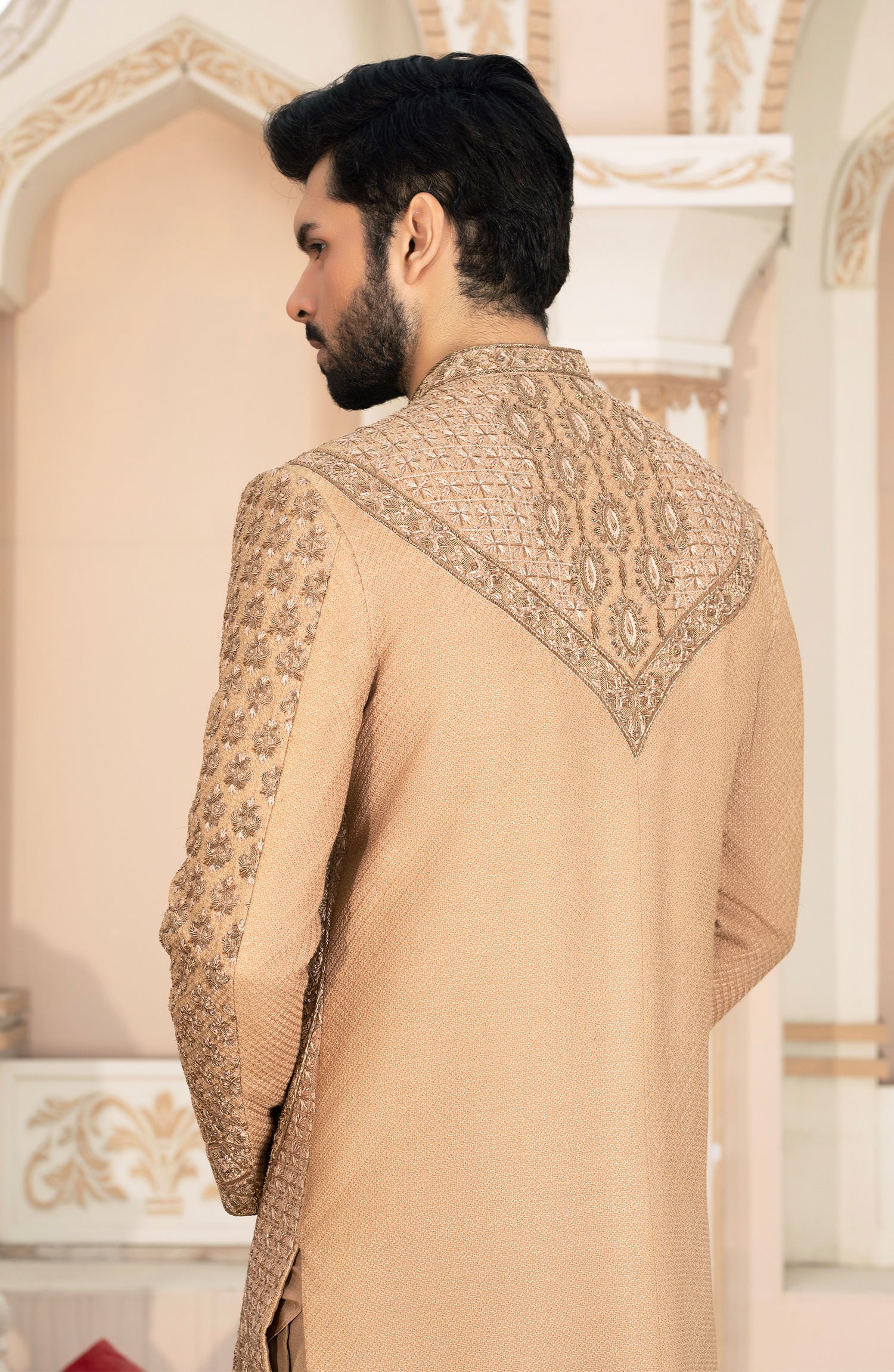 Antique Golden Embroidered Silk Sherwani (3-Piece) - Image 4