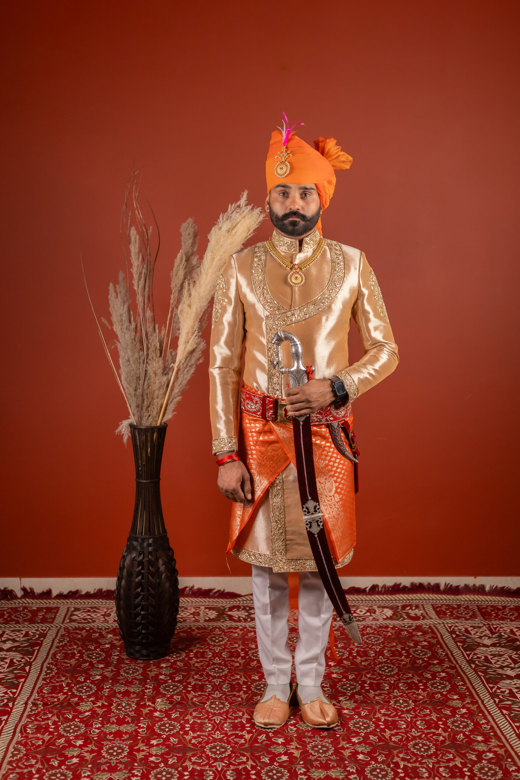 Golden Beige Embroidered Silk-Blend Angrakha Sherwani (3-Piece) - Image 1