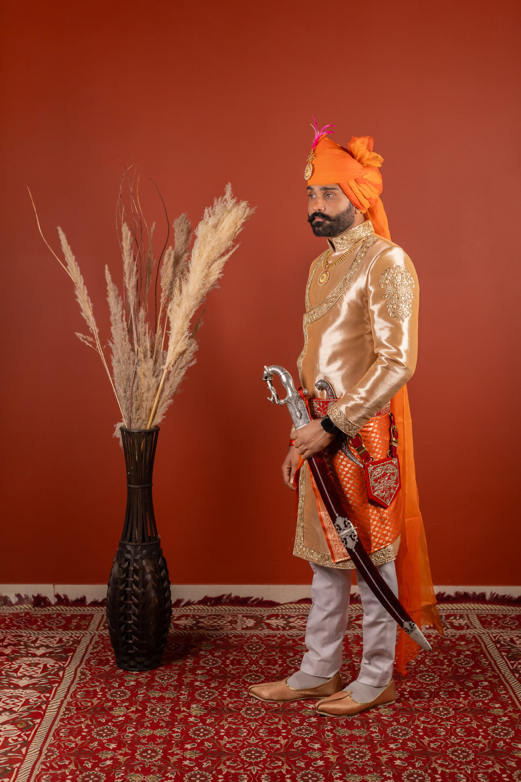 Golden Beige Embroidered Silk-Blend Angrakha Sherwani (3-Piece) - Image 2