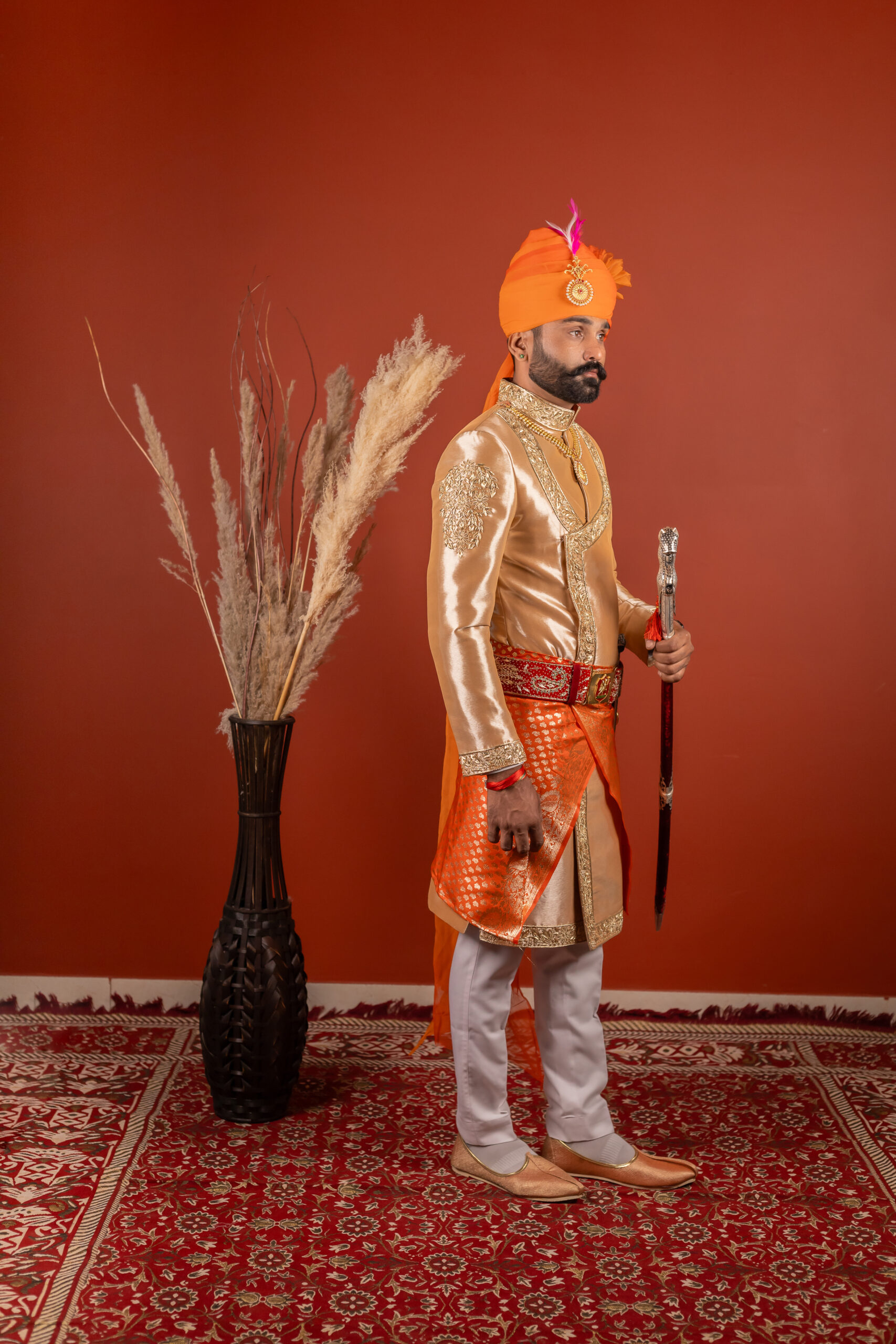 Golden Beige Embroidered Silk-Blend Angrakha Sherwani (3-Piece) - Image 3