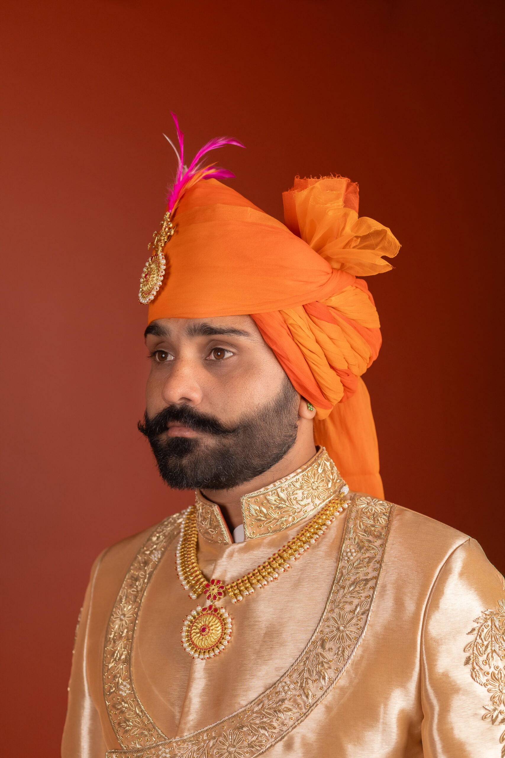 Golden Beige Embroidered Silk-Blend Angrakha Sherwani (3-Piece) - Image 4