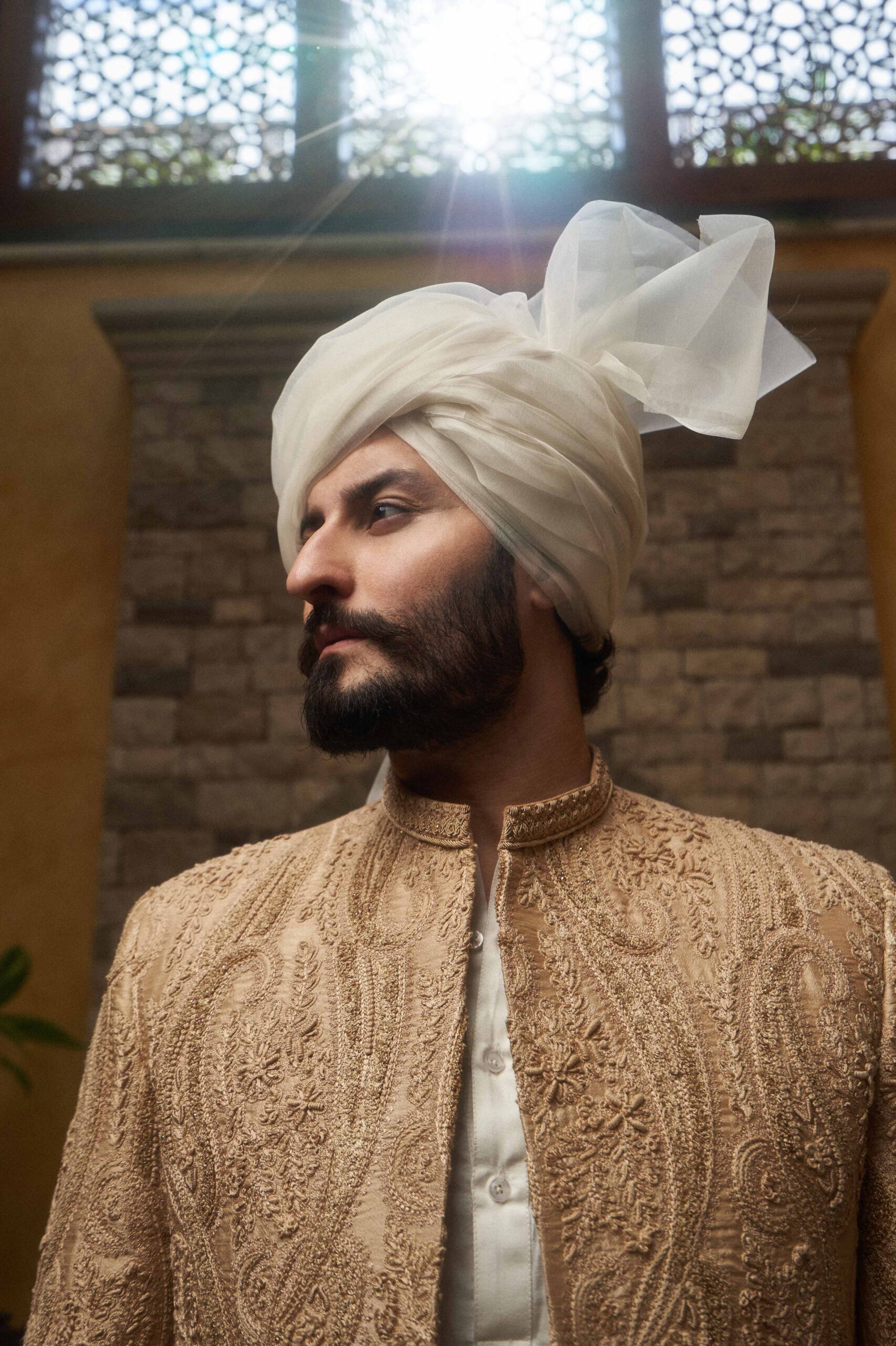 Saffron Golden Embroidered Silk-Blend Groom Sherwani (3-Piece) - Image 2